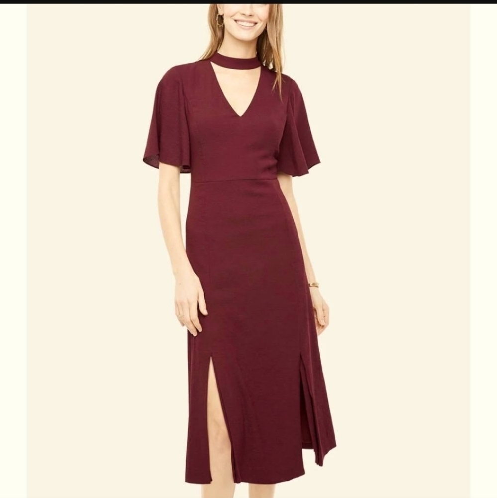 Ann Taylor sz 8 wine color keyhole midi dress burgandy new
